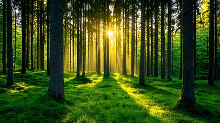 Obraz premium Golden Sunlight Filtering Through Tall Trees in a Lush Green Forest, Creating a Serene and Tranquil Scene.