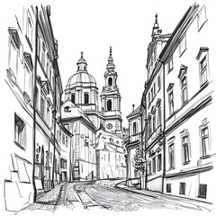 Hand-drawn sketch of European city street, church, buildings.