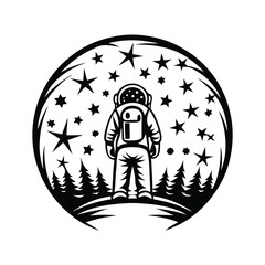 Spaceman Silhouette in Stars & Evergreen Trees Against White Background Minimalist Design