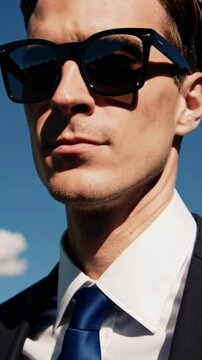 Confident man in sunglasses enjoying a bright day outdoors at a serene location