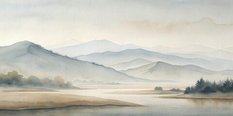 Obraz premium Serene Watercolor Landscape Misty Mountains and Tranquil River