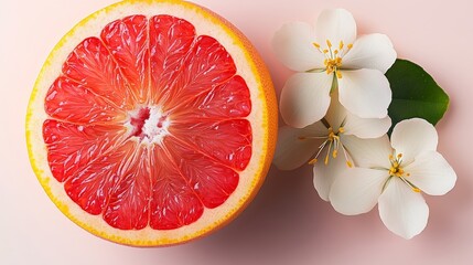 Slice of grapefruit is on a table next to a flower. The grapefruit is cut in half and the flower is white. Concept of freshness and natural beauty