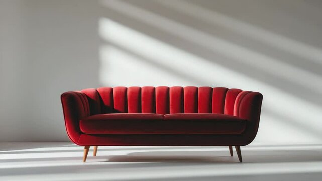 Stylish red fabric sofa with wooden legs positioned against a white background. Fashionable and comfortable standalone furniture. Sophisticated velvet couch seen from the side. Home decor item.