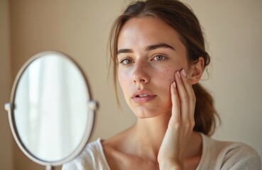 Young woman looks mirror, examines problem skin. Acne, inflammation, scars on face. Beauty care, cosmetology concept. Unhappy female with skin condition.