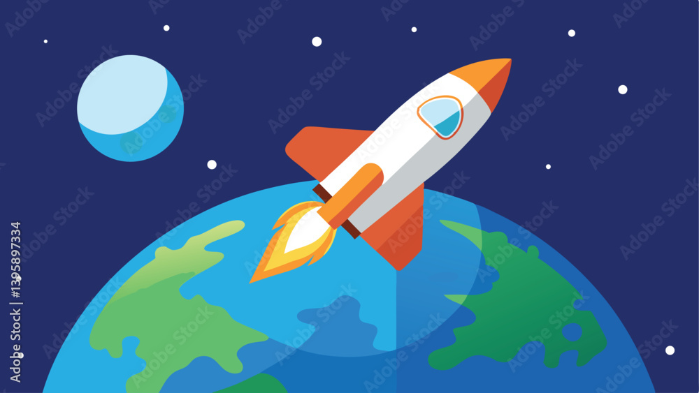 Wall mural futuristic space shuttle above earth in orbit with distant galaxy vector illustration background