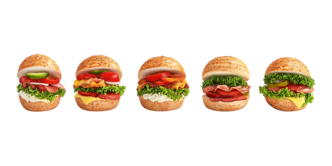 Pack Sandwiches Set in Different Poses Against Transparent Background for Food Branding, Restaurant Menus, or Culinary Design