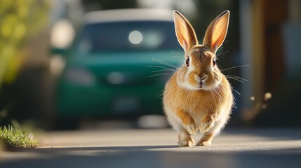 Rabbit is running across a road in front of a green car. The scene is lively and energetic, with the rabbit's movement and the car's presence creating a sense of motion and excitement