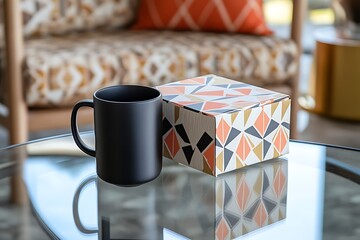 Modern Mother's Day celebration with a chic geometric-patterned gift box and a sleek black coffee mug on a contemporary glass table.