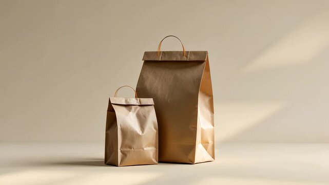 Mockup of pouch bags on a neutral monochrome background. Product packaging template with blank kraft paper for showcasing food snack delivery.