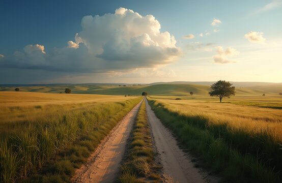 Dirt road leads through yellow wheat fields towards horizon at dawn. Green grass along the roadside. Blue sky with clouds. Countryside nature landscape. Rural scenery shows farming lifestyle.