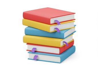 A colorful stack of books with purple ribbon bookmarks