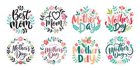 Obraz premium Happy Mothers Day Calligraphy Text Set Vector Illustration with Floral Decoration 