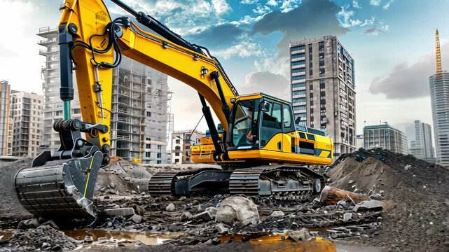 a yellow grader digs the ground at a construction site