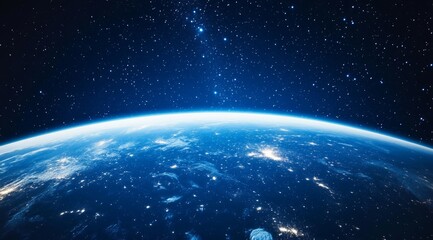 Obraz premium Earth viewed from space, showing the planet's curvature, atmosphere, and starry night sky.
