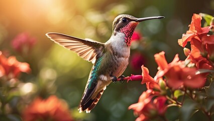 Obraz premium A vibrant hummingbird with iridescent blue and green feathers hovers mid-air