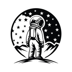 Isolated Black & White Silhouette of Standing Astronaut Under Starry Night Sky