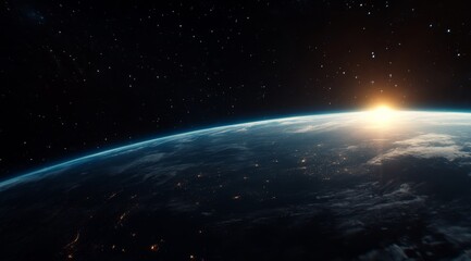 Sunrise over Earth from space, showing city lights and atmospheric details.