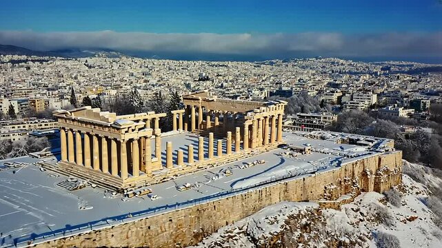Snowy Temple of Hephaestus in Athens, Greece: A Winter Wonderland