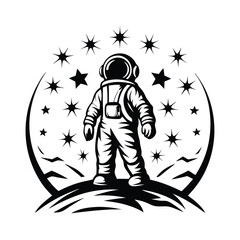 Isolated Full Body Astronaut Silhouette Standing on Lunar Surface Amidst Stars