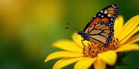 Obraz premium Closeup of monarch butterfly's wings on sunflower, nature, danaus plexippus, nature photography