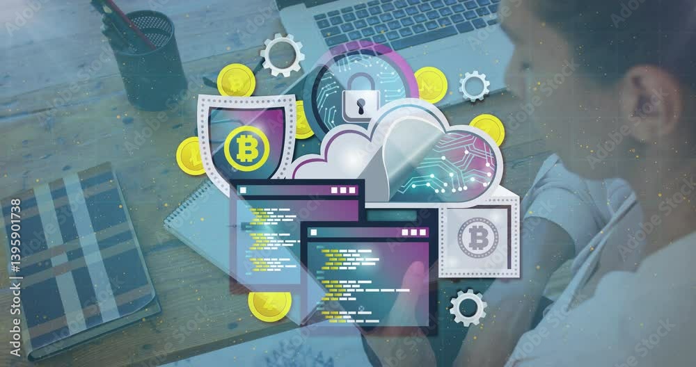 Poster digital currency symbols and coding animation over person working at desk