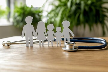 Symbolizing the importance of medical insurance and healthcare for family: Wooden desk with paper cutouts and stethoscope.