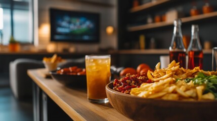 A football-themed game-day party with drinks, finger foods, and an immersive viewing experience,