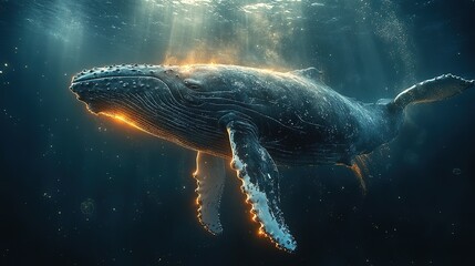 Obraz premium Majestic Humpback Whale Drifting Serenely Through Sunlit Ocean Depths