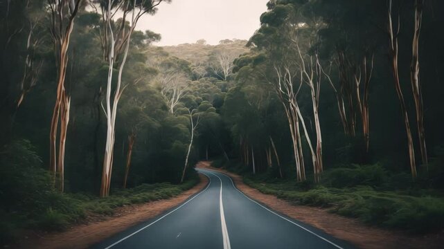 Route passing through eucalyptus forest