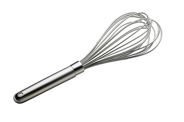 Hyper-realistic image of a metal whisk on a white background, isolated kitchen tool