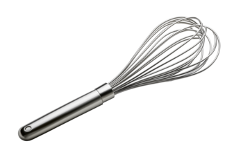 Hyper-realistic image of a metal whisk on a white background, isolated kitchen tool