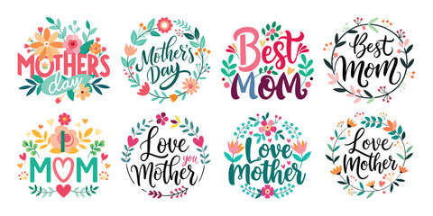 Happy Mothers Day Calligraphy Text Set Vector Illustration with Floral Decoration  