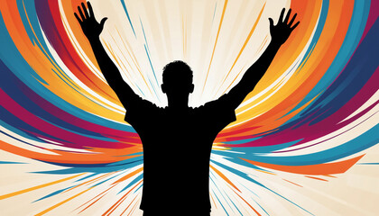 Silhouette of a young man with raised arms against a vibrant abstract background