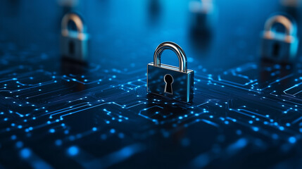 A glowing cybersecurity matrix with secured nodes, encrypted circuits, and digital padlocks. The dark blue space enhances the concept of advanced cyber protection.