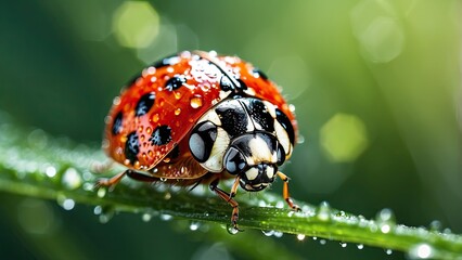A close-up photo of a ladybug covered in water droplets on a grass blade during a rainfall