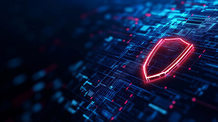 A neon-lit cybersecurity framework with protected data channels and shielded nodes. The futuristic dark blue background enhances the secure digital ecosystem.