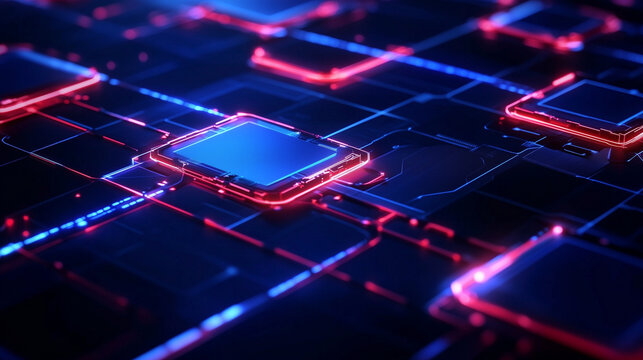 A neon-lit cybersecurity framework with protected data channels and shielded nodes. The futuristic dark blue background enhances the secure digital ecosystem.