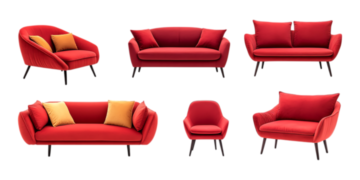 Pack Sofa Set in Different Poses Against Transparent Background for Interior Design, Furniture, or Home Decor