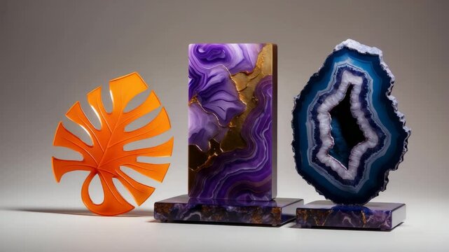 Handmade epoxy resin products - wall panels and jewelry display stands.