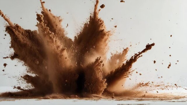 Detonation of arid earth set against a white backdrop.