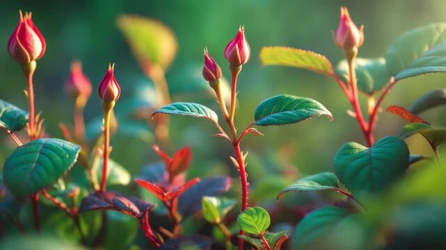 Fresh Starts - Delicate Rose Leaves Showcase a Captivating Close-Up of New Leaves in a Gentle Blend of Green and Reddish Hues. The Silky Surface and Intricate Details Highlight the Elegance.