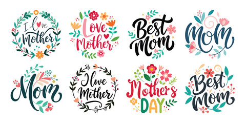 Obraz premium Happy Mothers Day Calligraphy Text Set Vector Illustration with Floral Decoration 