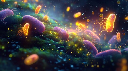 Fototapeta premium Microscopic Bacteria Colony Close-up on Green Surface with Glowing Details