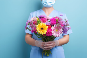 nurse in medical uniform holding colorful bouquet of flowers with gloves and face mask