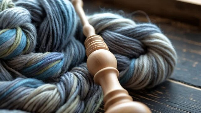 Detailed perspective of a colorful skein of organic natural hand-spun and hand-dyed wool yarn fleece, created with a traditional wooden hand spindle.