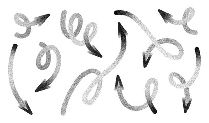 Set of  arrows with a grainy texture, featuring dynamic loops, curls, and curves.  Ideal for creative presentations infographics and design elements.