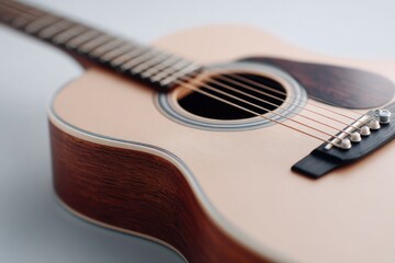 Fototapeta premium close-up of minimalist acoustic guitar scene with focus on strings and soundhole