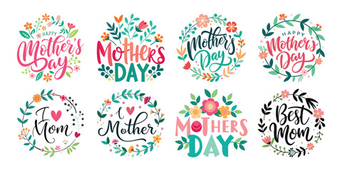 Happy Mothers Day Calligraphy Text Set Vector Illustration with Floral Decoration  