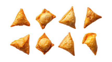 Pack Samosas Set in Different Poses Against Transparent Background for Indian Cuisine, Street Food Branding, or Culinary Graphics