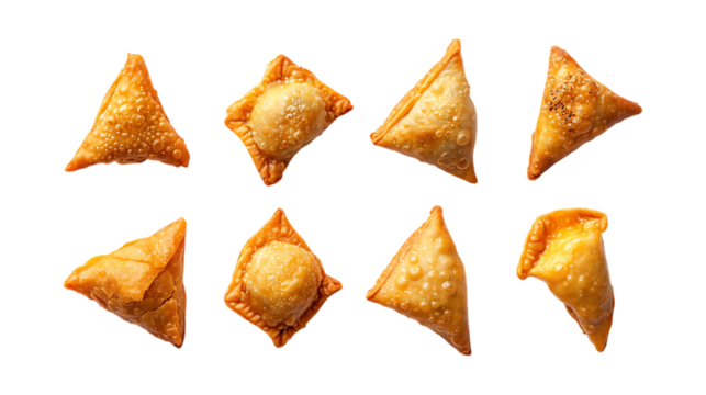 Pack Samosas Set in Different Poses Against Transparent Background for Indian Cuisine, Street Food Branding, or Culinary Graphics